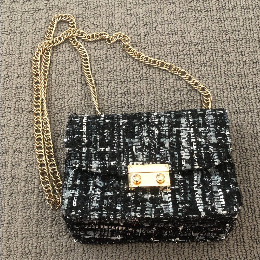 Black Tweed Chain Shoulder Bag with Gold Hardware